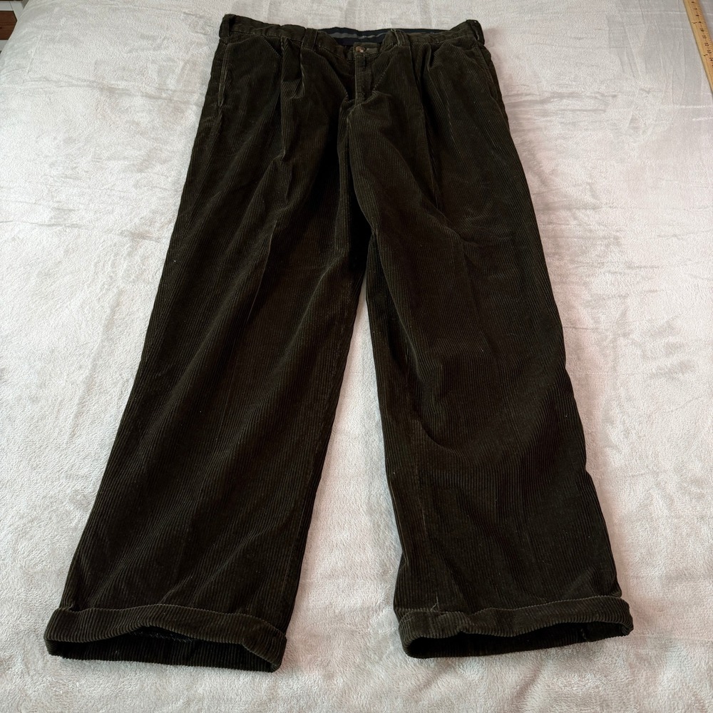 LL Bean Mens 40x34 Olive Green Pleated Corduroy Pants Wide Wale Cuffed Relaxed